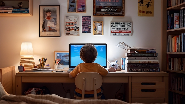 Child at a desk looking at a computer screen